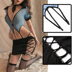 ROSVAJFY Women Police Costume Cop Outfit Sexy Cosplay Lingerie Set Policewoman Officer Uniform Naughty Fancy Dress Sheer Mesh Top Mini Dress Halloween Anime Role Play Teacher Bodysuit+Stockings
