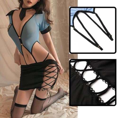 ROSVAJFY Women Police Costume Cop Outfit Sexy Cosplay Lingerie Set Policewoman Officer Uniform Naughty Fancy Dress Sheer Mesh Top Mini Dress Halloween Anime Role Play Teacher Bodysuit+Stockings