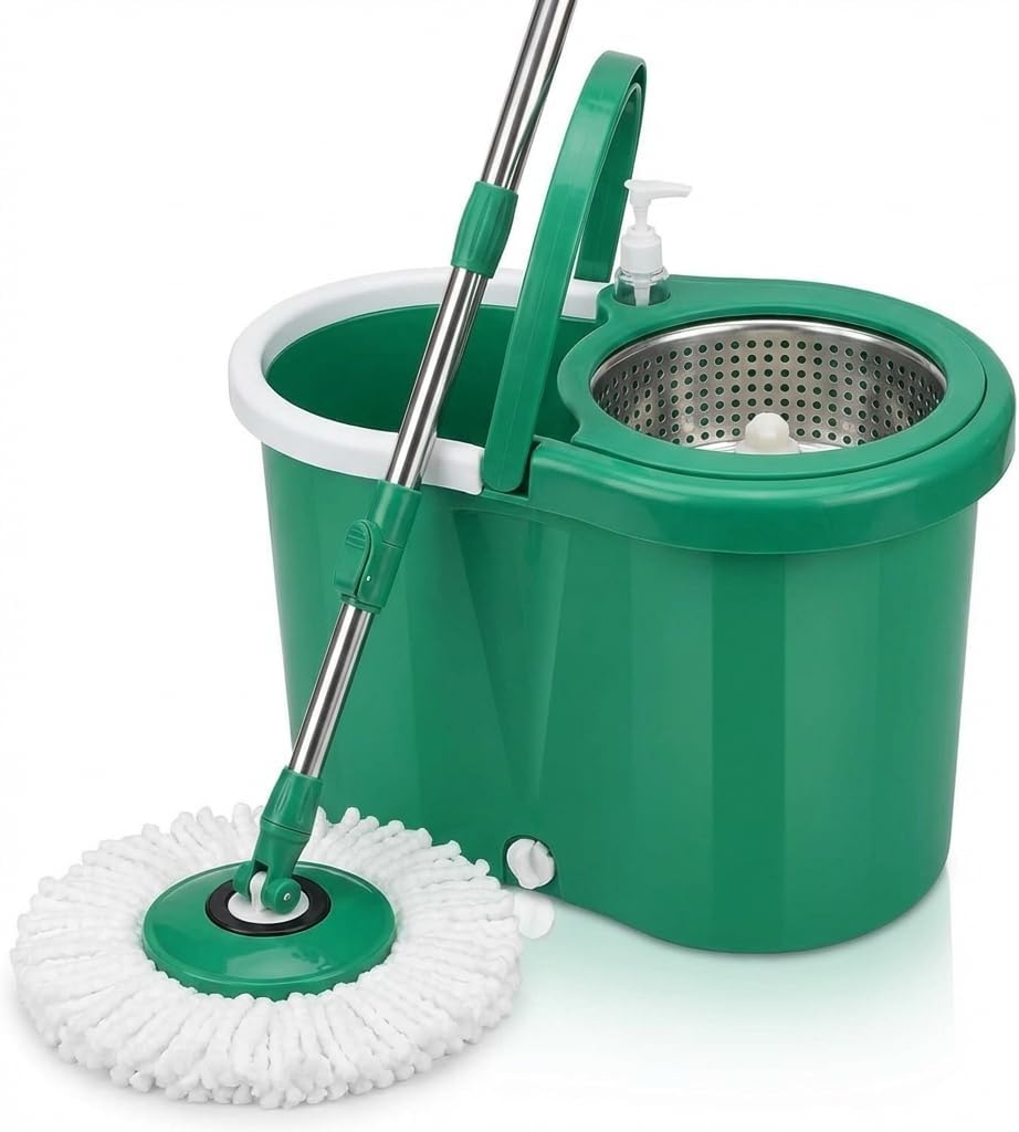 Spin Mop & Bucket Set with 2 Microfiber Mop Heads | 360° Rotating Spin Mop for Floor Cleaning, Stainless Steel Telescopic Handle 90-120cm,Compact Easy-Clean Bucket Household & Kitchen Essentials