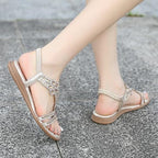 Women's Open Toe Rhinestones Flat Sandals,Sexy Summer Boho Elastic Slingback Ankle Strap Casual Dressy Beach Shoes