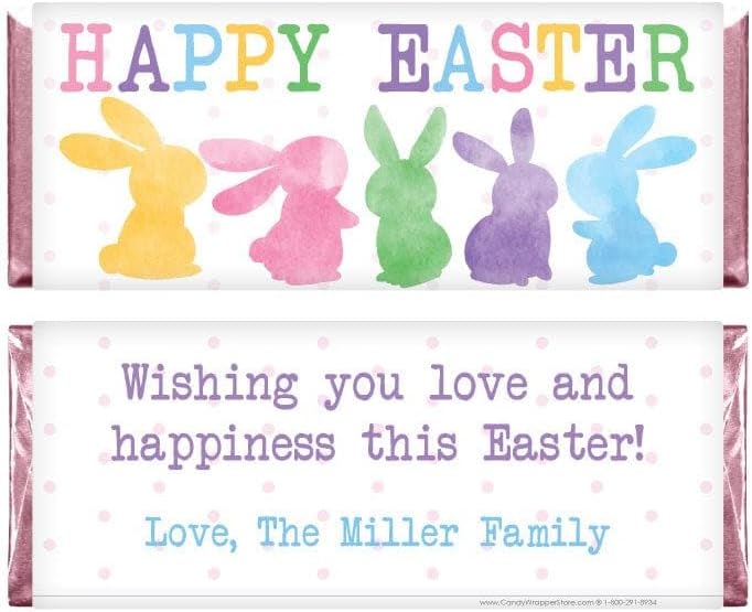 Colorful Pastel Watercolor Bunnies Happy Easter Candy Bar Wrappers - Set of 36