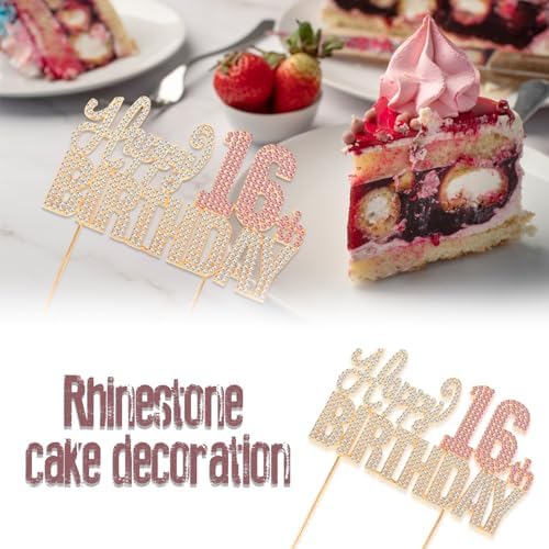 Happy 16th Birthday Gold & Pink Rhinestone Cake Topper - Cheers to 16 Years Old Sixteen Bday Metal Sparkly Cake Centerpieces Topper Decorations Sign.