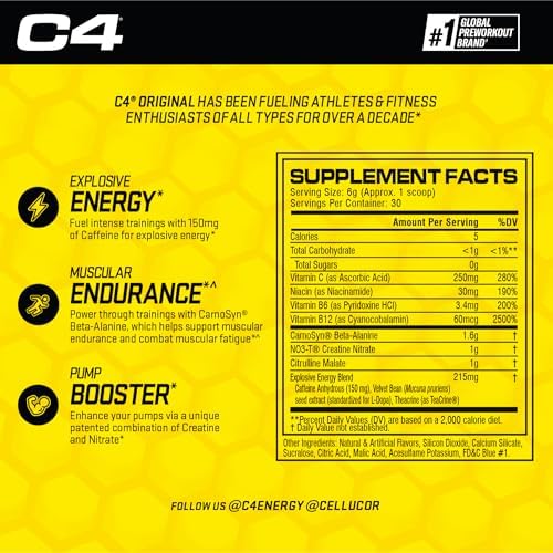 C4 Original Pre-Workout Powder For Endurance, Focus & Performance with 150mg Caffeine, Beta-Alanine, Creatine, Zero Sugar, 30 Servings, Icy Blue Razz