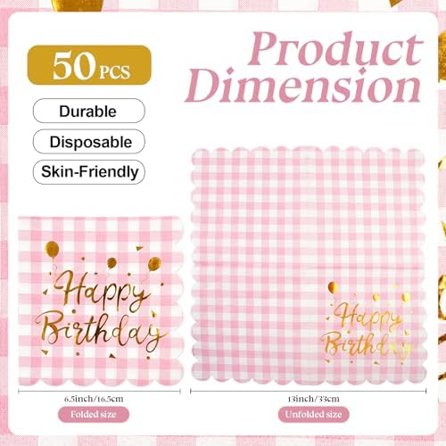 50Pack Pink Gold Happy Birthday Paper Napkins - Light Pink and White Gingham Luncheon Napkins, Scalloped Checkered Dessert Napkins, Disposable Decorations Supplies for Birthday Party