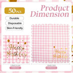 50Pack Pink Gold Happy Birthday Paper Napkins - Light Pink and White Gingham Luncheon Napkins, Scalloped Checkered Dessert Napkins, Disposable Decorations Supplies for Birthday Party