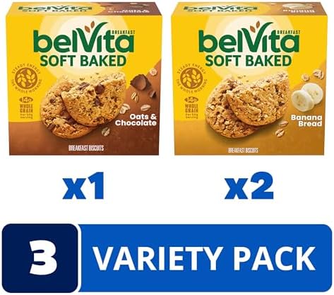 belVita Soft Baked Breakfast Bars Variety Pack, Banana Bread and Oats & Chocolate, 3 Boxes of 5 Packs (1 Biscuit Per Pack)