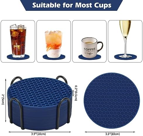 TWTLi Silicone Coasters Set of 8 with Holder,Coasters Drinks,Beer,Coffee Coasters,Suitable Kinds Cups,Hot or Cold,Anti-SLI,Non-Stick,Anti-Overflow Tabletop Protection and Decor (8 Pcs, Navy Blue)