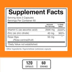 American Standard Supplements Vitamin C 2000mg, Zinc 40mg, and Rose Hips 50mg Per Serving, Vegan, Gluten Free, Non-GMO (120 Count)