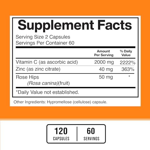 American Standard Supplements Vitamin C 2000mg, Zinc 40mg, and Rose Hips 50mg Per Serving, Vegan, Gluten Free, Non-GMO (120 Count)
