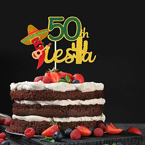 Fiesta 50th Birthday Cake Topper - Taco Bout 50 Birthday Party Glitter Chili Cake Supplies - Fabulous Fifty - Mexican Summer Fiesta Party Decoration