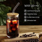 [ 12pcs Set ] Glass Cups with Bamboo Lids and Glass Straw - Beer Shaped Drinking Glasses, 16 oz Iced Coffee Glasses, Cute Tumbler Cup for Smoothie, Boba Tea, Whiskey, Water - 4 Cleaning Brushes