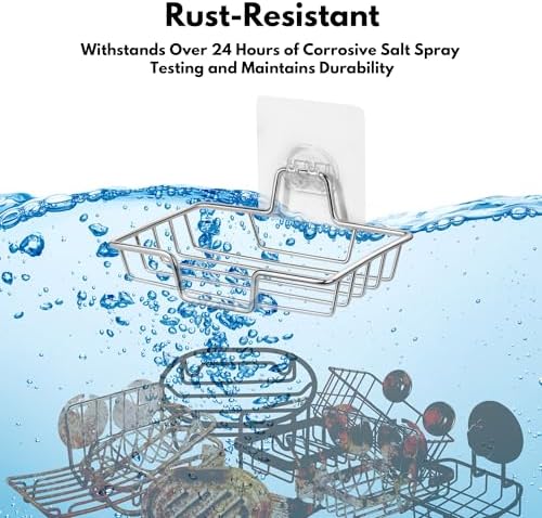 Rainspire Soap Dish Holder, No Drilling, 304 Rustproof Stainless Steel, Wall Mounted Soap Holder Soap Tray Bar Soap Sponge Holder for Bathroom & Kitchen, Square (Silver)