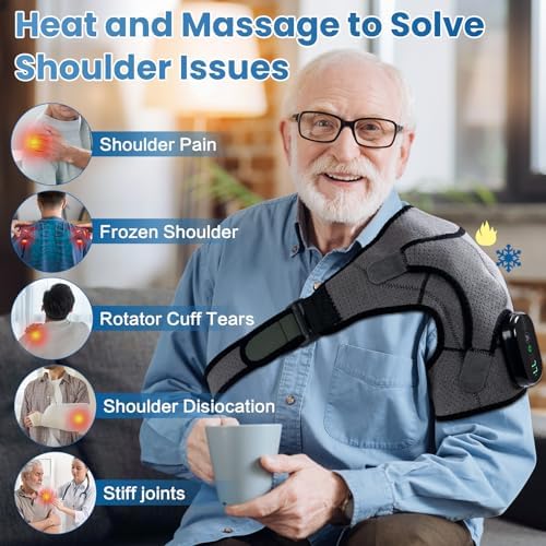 Cordless Shoulder Heating Pad with Massage, Electric Heated Shoulder Wrap with 3 Vibration & 3 Heat, Heating Pads for Rotator Cuff and Frozen Pain Relief,5000mAh Chargeable Powered,Men&Women