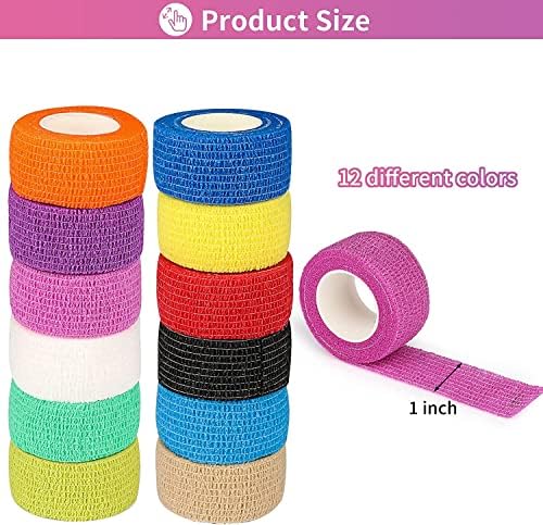 12Pack 1” x 5 Yards Self Adhesive Bandage Wrap, Elastic Self Breathable Self Adherent Wrap for Pets, Athletic Cohesive Bandage for First Aid, Sports Injury & Protection, 12Color