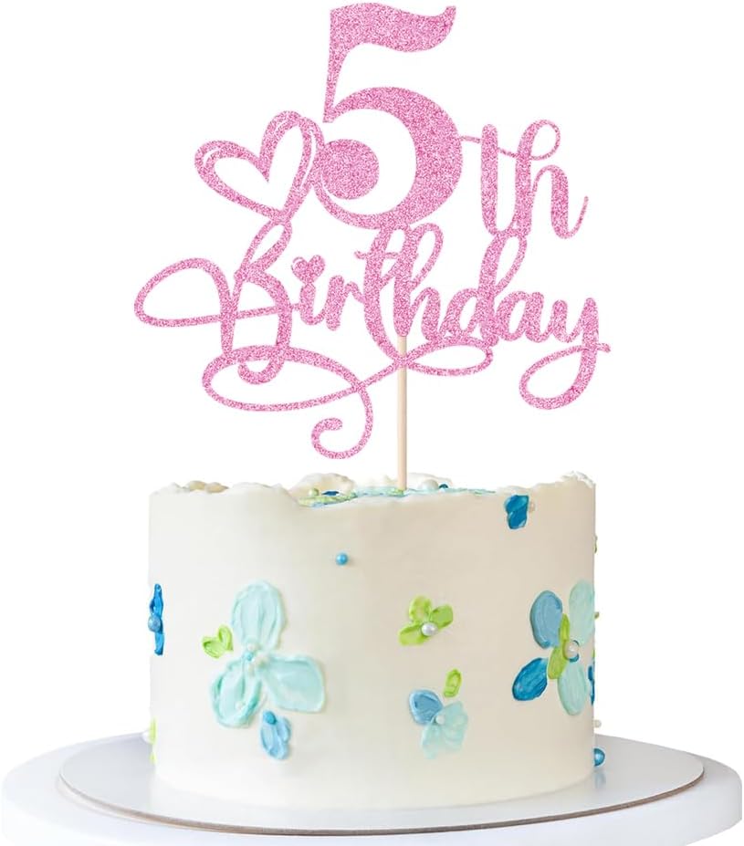 Happy 5th Birthday Cake Topper，Anniversary Party/Boy or Girl Five Year Old Birthday Party Supplies Pink Glitter