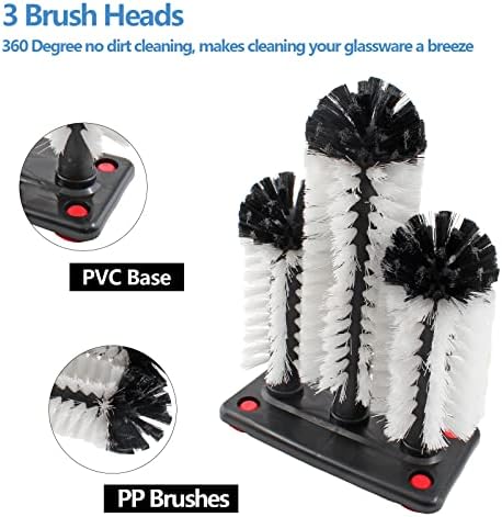 Bonsicoky 3 Brush Bar Glass Washer with Suction Base, Commercial Brush Cleaner Bristle Brush for Kitchen Bar Beer Cup, Long Leg Cup, Red Wine Glass