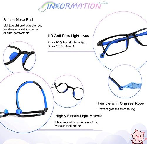 2 Pack Kids Blue Light Blocking Glasses, Computer Glasses with Rope, Anti Blurry and Eyestrain, Cut UV400 Anti Glare for Children Age 3-12 (Black Blue, Purple)