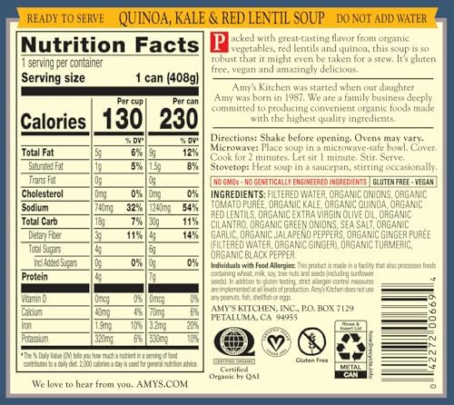 Amy's Soup, Vegan, Gluten Free, Organic Kale, Quinoa and Red Lentil, 14.4 Ounce (Pack of 6)