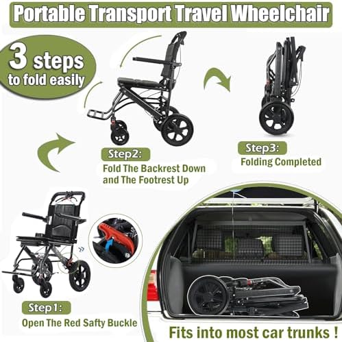 Folding Portable Transport Wheelchair, Lightweight Travel Compact Chair, 12-inch Honeycomb tire with Shock Absorption, for Adults and Seniors Support 220lbs,Black,Silver Frame