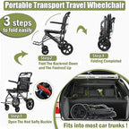Folding Portable Transport Wheelchair, Lightweight Travel Compact Chair, 12-inch Honeycomb tire with Shock Absorption, for Adults and Seniors Support 220lbs,Black,Silver Frame