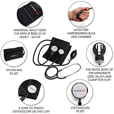 PARAMED Aneroid Sphygmomanometer with Stethoscope – Manual Blood Pressure Cuff with Universal Cuff 8.7-16.5" and D-Ring – Carrying Case in The kit – Black