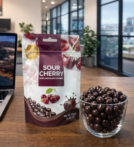 Dark Chocolate Covered Sour Cherry Cubes, 4.4 oz (125g), Sour Cherry Chocolate Dragee, Resealable Bag