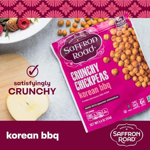 Saffron Road Roasted Korean BBQ Crunchy Chickpeas | High-Protein, Vegan, Gluten-Free, Non-GMO, Halal & Kosher Certified Snack | 5.4 oz Resealable Pouch | Pack of 6