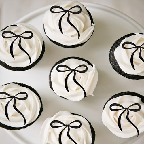Black Bow Cupcake Toppers - Acrylic Bow Tie Birthday Decoration, Wedding Cupcake Toppers, Bridal Shower Party Decorations, Suitable For Wedding Bachelor Party Supplies