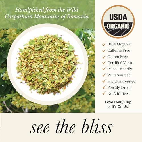 Wild Bliss Organic Linden Flower Tea - Caffeine Free Loose Leaf Calming Herbal Tea - 2.82 Ounces - 40 Servings