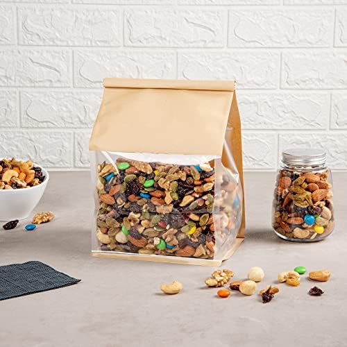 Restaurantware-Bag Tek 6.3 x 5.1 x 10.2 Inch Tin Tie Bags With Windows, 100 Resealable Bakery Bags With Windows - Flat Bottom, For Cookies or Coffee Beans, Kraft Cotton Paper Tin Tie Bags