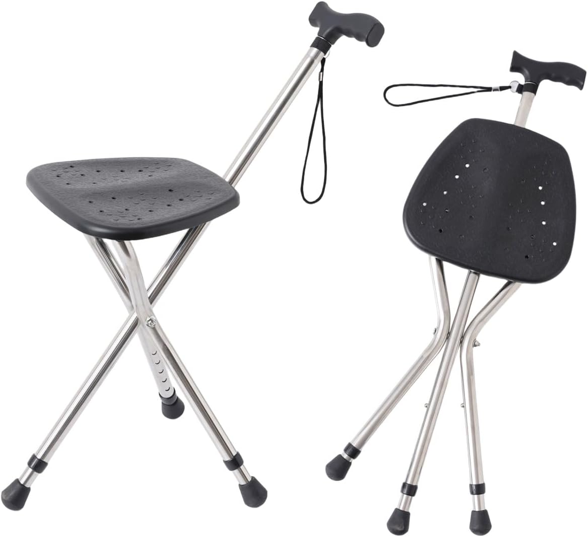 Cane with Seat - Portable Alloy Folding Stick Chair, Height Adjustable Cane with Seat for Seniors, Walking Stick with Seat for Balance and Support, Providing 220 Lbs Capacity for Adults