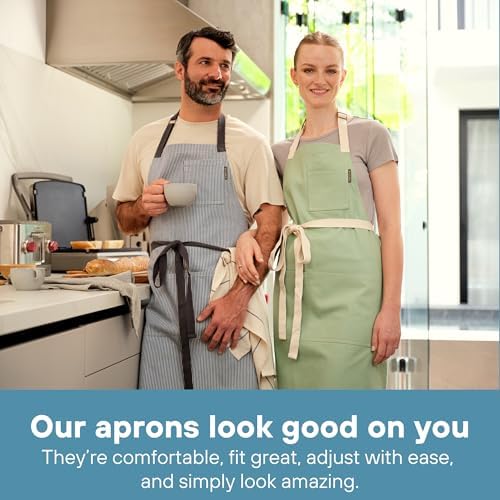MEEMA Bib Apron with Pockets | Upcycled Cotton | Blue Striped Aprons for Kitchen | Awesome Cooking Apron One Size Fits All | Baking Aprons for Women & Men
