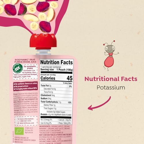 Holle Organic Baby Food Pouches, Zebra Beet Fruit & Veggie Purée with Apple, Banana & Beetroot, Demeter Biodynamic, Clean Label Project Recognized, 3.5 oz Pouches (Pack of 12), 6+ Months