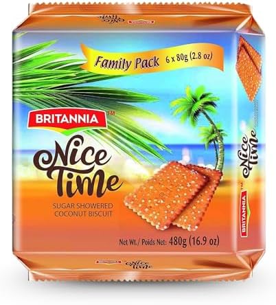 Britannia Nice Time 16.9oz (480g) - Delicious Coconut Biscuit Crunchy - Kids Favorite Breakfast & Tea Time Snacks (Pack of 6 * 80)