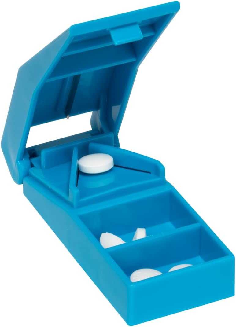 Acu-Life Pill Splitter with Storage, Stainless Steel Blade, Sturdy, Easy to Use, Accurate, Safely Cuts in Half Small, Tiny and Large Pills, Tablets, Vitamins, for Seniors, Pets, Blue, BPA Free