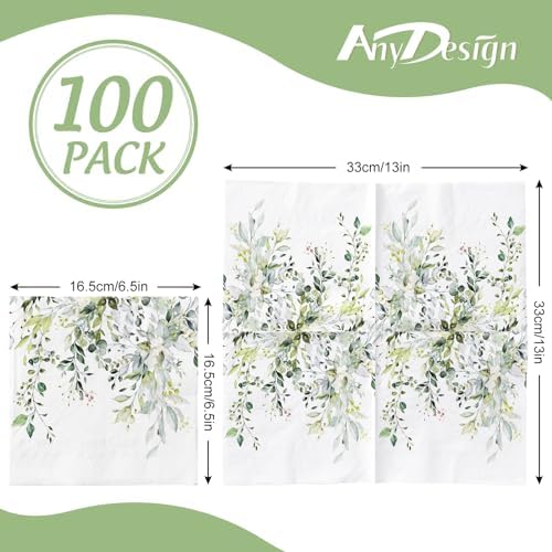100Pcs Greenery Paper Napkins Watercolor Green Leaves Disposable Luncheon Napkin Spring Dessert Dinner Hand Napkin for Wedding Baby Shower Birthday Supplies