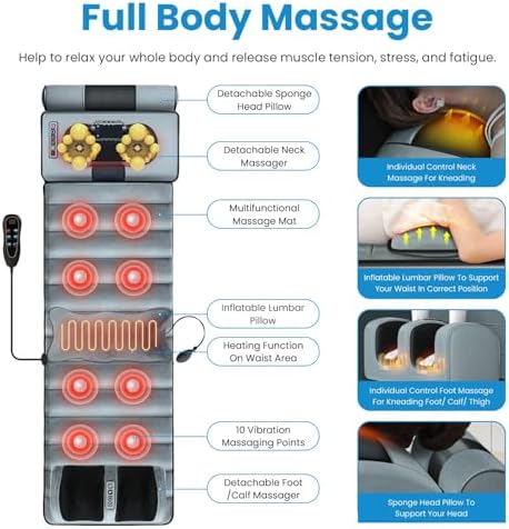 KOCASO Full Body Massage Mat with Heat, Electric Massage Mat Chair Pad Back/Neck/Foot Massager, Detachable Lumbar& Head Pillow W/ 2 Earplugs-Vibration & Kneading for Stress Relief/Gift