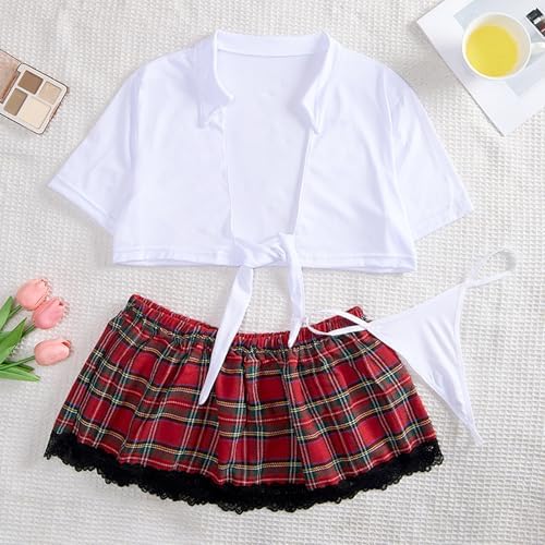Women's Sexy Cosplay Costume Schoolgirl Lingerie Set, Adjustable Tie Crop Top and Red Plaid Mini Skirt with Thong