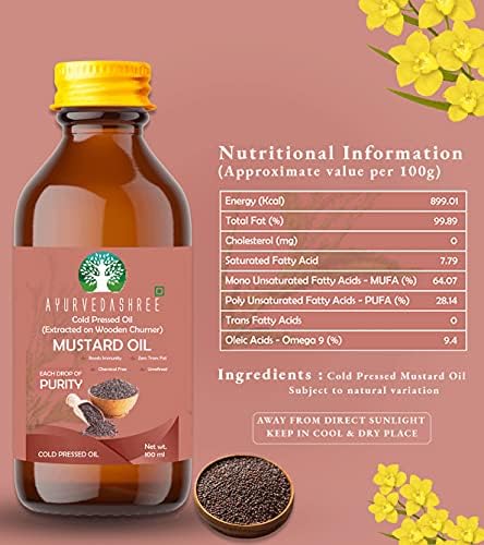 AYURVEDASHREE Mustard Oil 3.38 fl oz.. Cold Pressed Oil, Extracted on Wooden Churnerto Sustain maximum nutrition, 100% Pure & Natural, No GMO, Untreated and Unrefined, Cooking & Flavor Enhancer in Many Cuisines, 100 ML