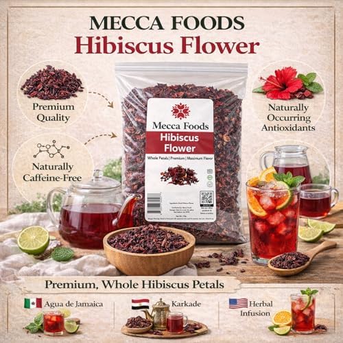 2lb Dried Whole Hibiscus Flowers and Petals, Flor de Jamaica, Sorrel Flower, Zobo Flower perfect for Tea and Mexican Agua Fresca by Mecca Foods | perfect for Mexican Agua Fresca, Tea, Flor de Jamaica, by Mecca Foods