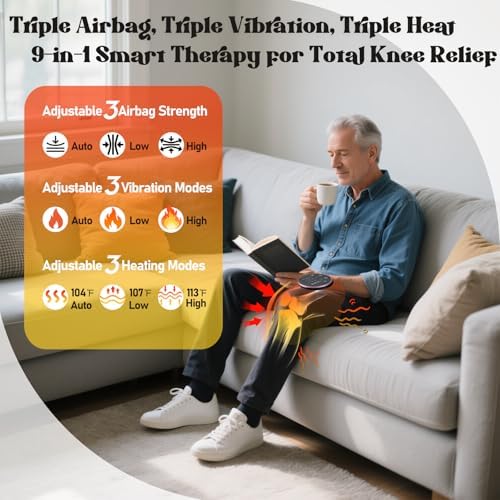 Knee Massager with Heat, Red Light Therapy, 3 Airbag Levels & 3 Vibration Modes, 2026 Updated Edition, LED Vitality Joints Knee Massager, Adjustable Straps, Ideal Gift for Men, Women