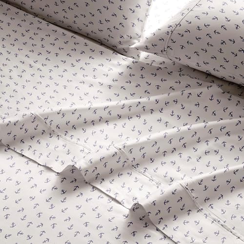Brielle Home Printed 100% Cotton Percale Sheet Set, Anchors Navy, King