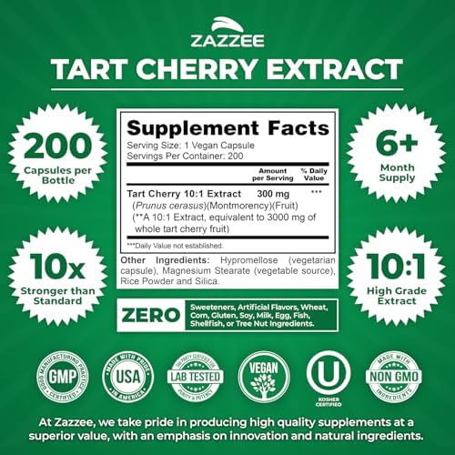 Zazzee Tart Cherry 10:1 Extract, 200 Vegan Capsules, 6+ Month Supply, Montmorency Cherry, Certified Kosher, Joint & Uric Acid Support, Antioxidant Support Formula, Non-GMO, Made in the USA