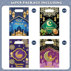50 Pcs Ramadan Gift Bags with Handles - Eid Mubarak Goodie Bag, Ramadan Kareem Plastic Goody Candy Cookie Snack Treat Party Favor Bags Bulk for Islamic Muslim Eid Mubarak Party Supplies Favors,4 Style
