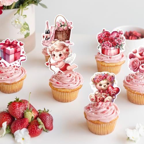 42Pcs Edible Valentines Day Cupcake Toppers Sweet Love Heart Bear Be Mine Valentines Cupcake Valentine Cake Topper for Wedding Valentine's Theme Party Cake Decoration Supplies