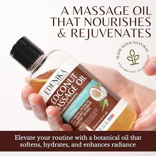 Edenika Botanicals Tropical Coconut Massage Oil for Massage Therapy, Soothing Massage Oil with Coconut & Passion Fruit Oil for Muscle Relaxing, Skin Moisturizing & Hydrating, 8 fl oz