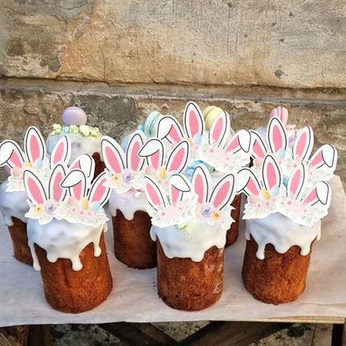 Rsstarxi 48 Pack Edible Bunny Cupcake Toppers Edible Easter Cake Decorations Rabbit Bunny Ears Cupcake Picks for Baby Shower Birthday Easter Party Decorations Supplies