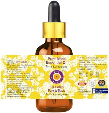 Deve Herbes Pure Mace Essential Oil (Myristica fragrans) with Glass Dropper Steam Distilled 10ml (0.33 oz)