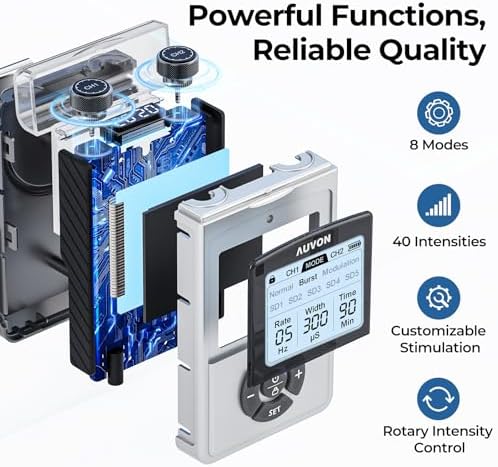 AUVON Rechargeable Digital TENS Unit Muscle Stimulator with 600 mAh Battery, TENS Machine with 8 Customizable Modes, Electric Massager for Shoulder, Back Pain Relief, 6 TENS Pads, A Carry Case