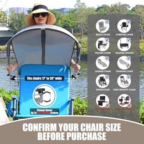 Universal Chair Umbrella Canopy, UPF 50+ Chair Sun Shade Attachment with Adjustable Clamp Fits Most Brands’ Beach, Camping, Lawn, Wheelchair, Tanning, Zero Gravity, Lounge, Fishing Chairs, Patented